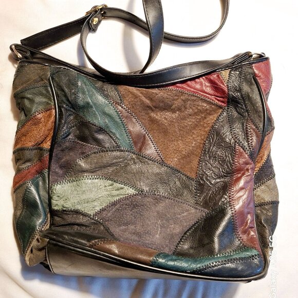 Patchwork Leather Shoulder Bag Multicolor Boho Artsy Earthly Retro - Picture 3 of 6